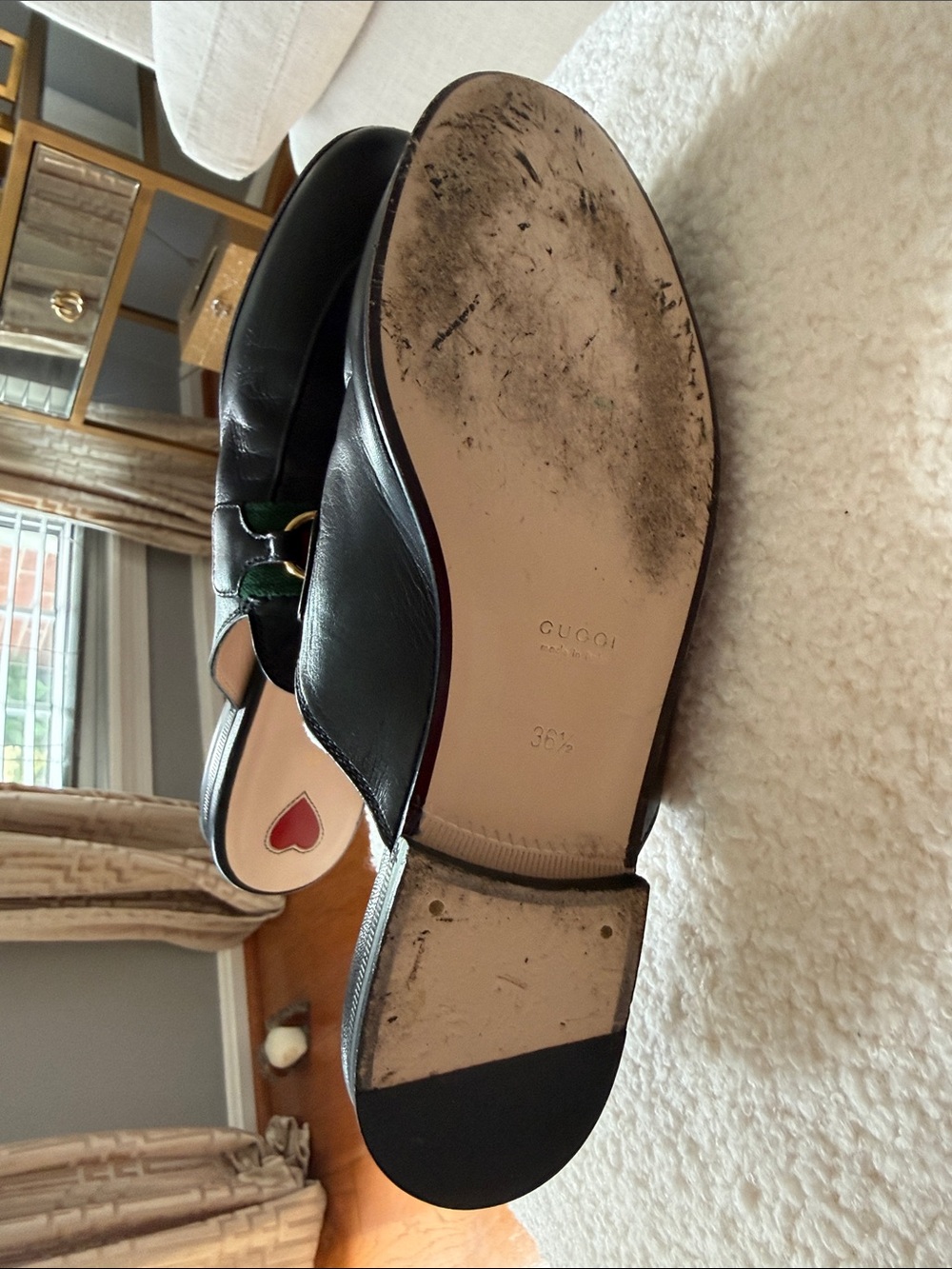 Gucci Black Leather Mules with Green and Red Web and Gold Hardware Authentic - Picture 3 of 5